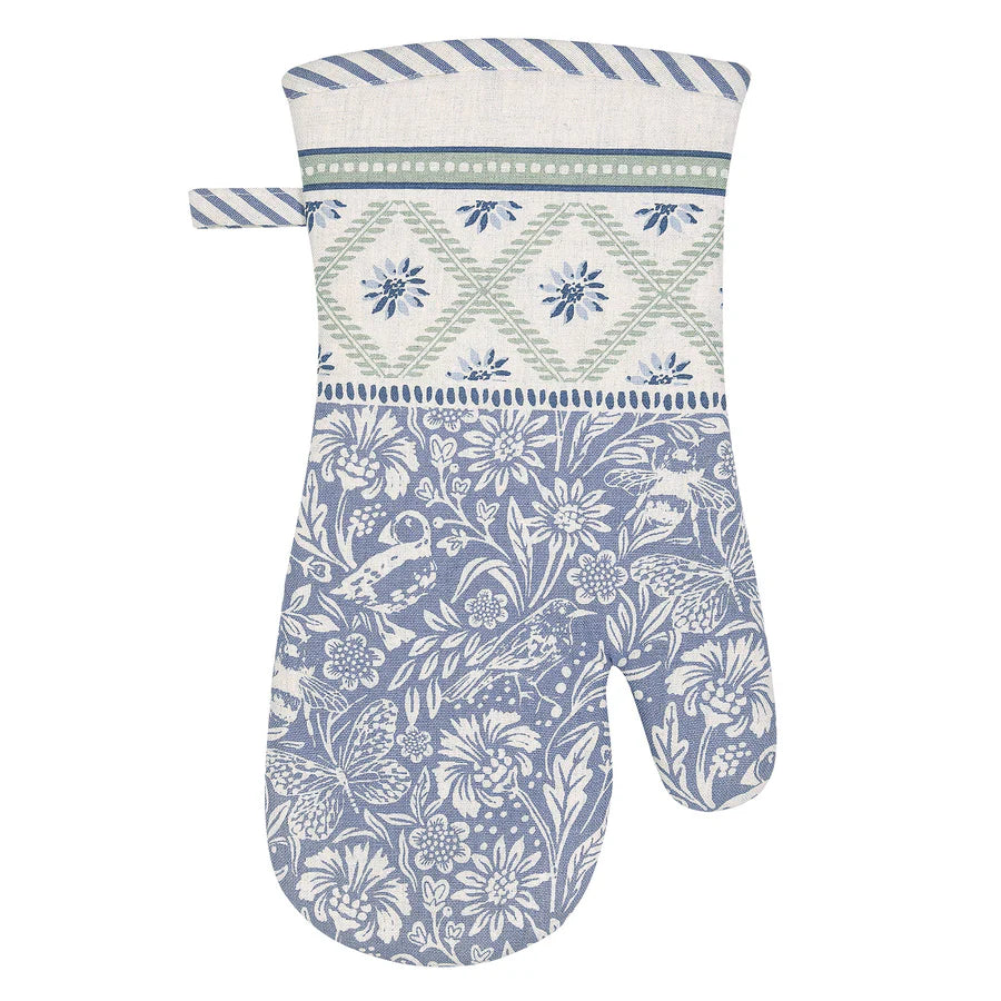 Blue and white patterned oven mitt on a white background