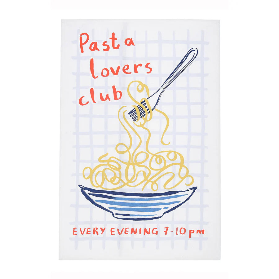 A cotton tea towel with 'Pasta Lovers club' printed on it on a white background