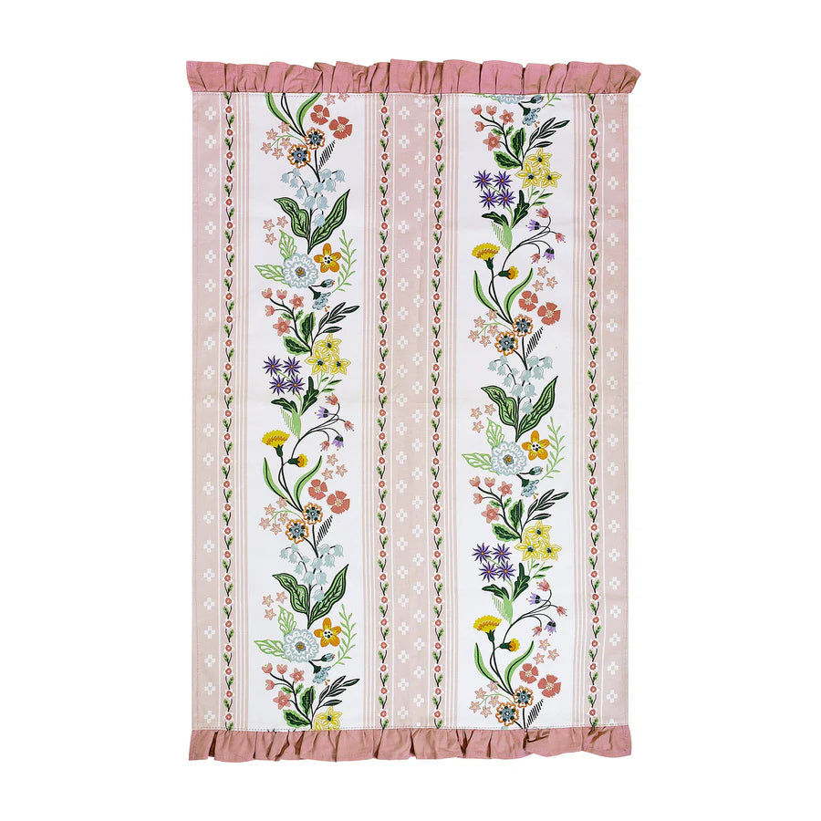 Floral patterned tea towel with pink trim on a white background