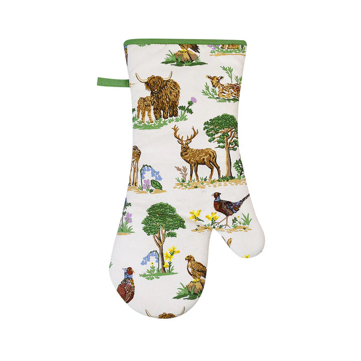 Oven mitt with nature-themed design featuring animals and plants on a white background