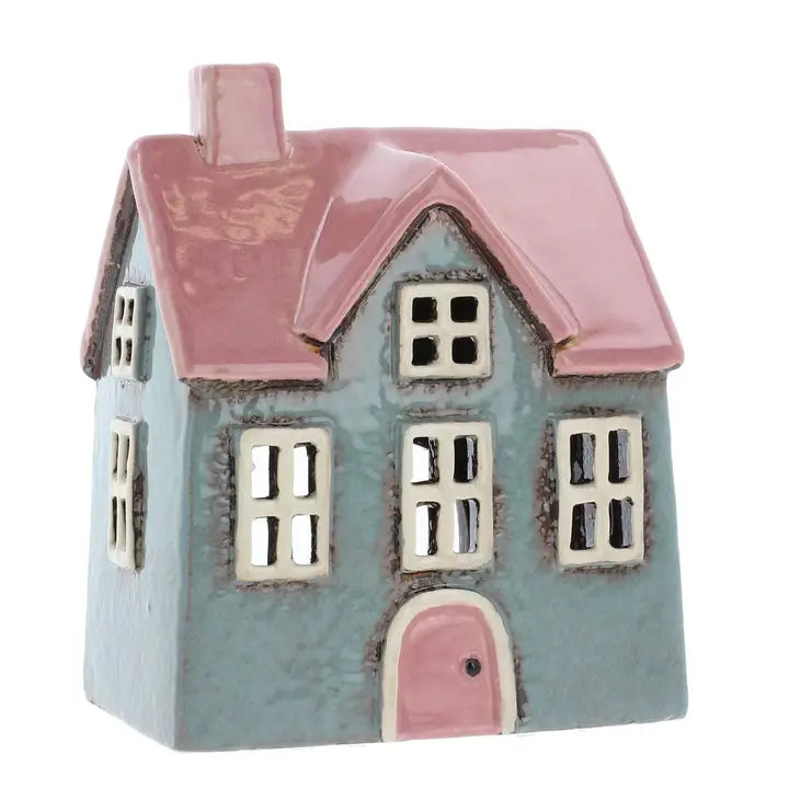 Village Pottery Grey & Pink Tiled House Tealight Holder