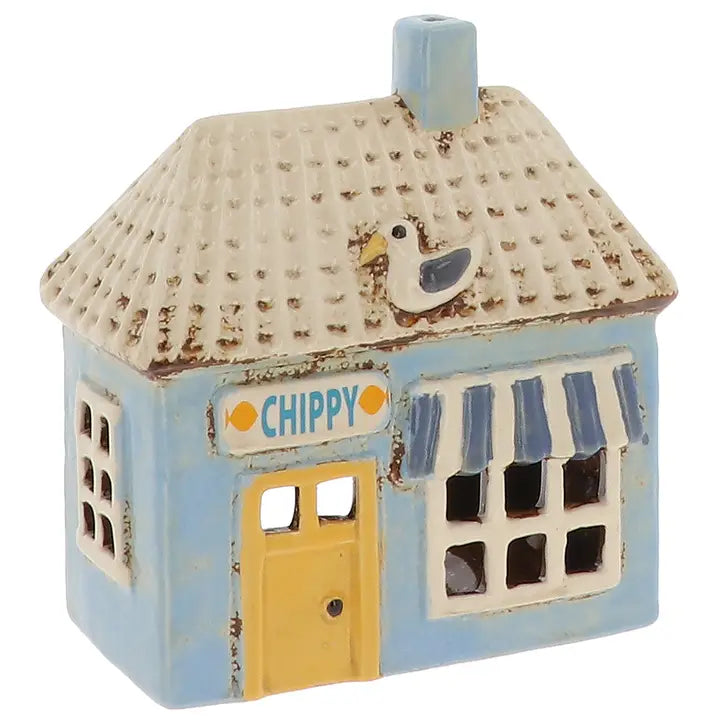 Small ceramic house  tealight holder  with 'Chippy' sign and bird decoration on a white background
