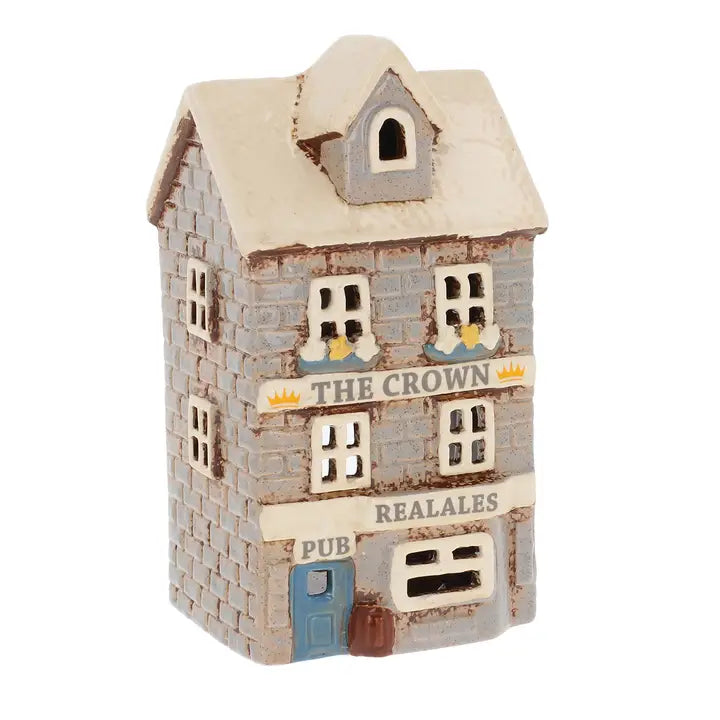 Decorative ceramic pub named 'The Crown Realales'  tealight holder  on a white background