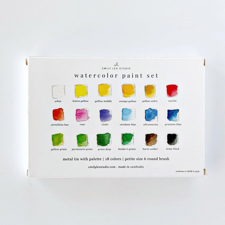 Emily Lex Studio watercolor paint set with color swatches on a white background