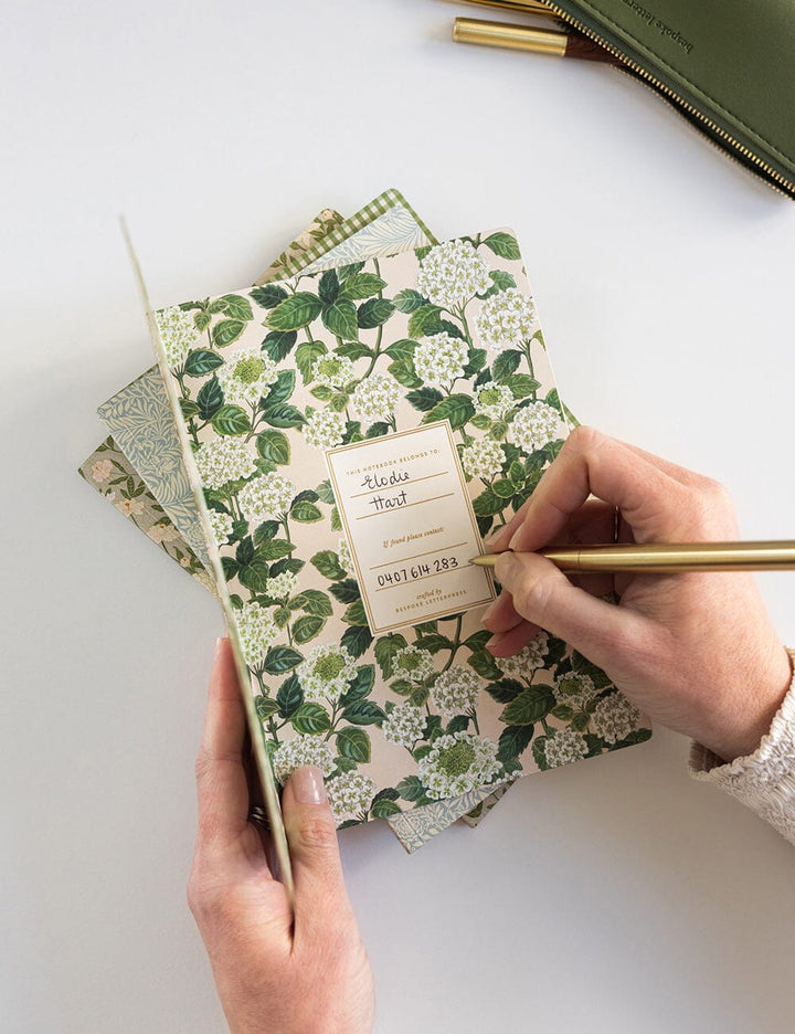 Hand holding a floral notebook with a pen on a white surface
