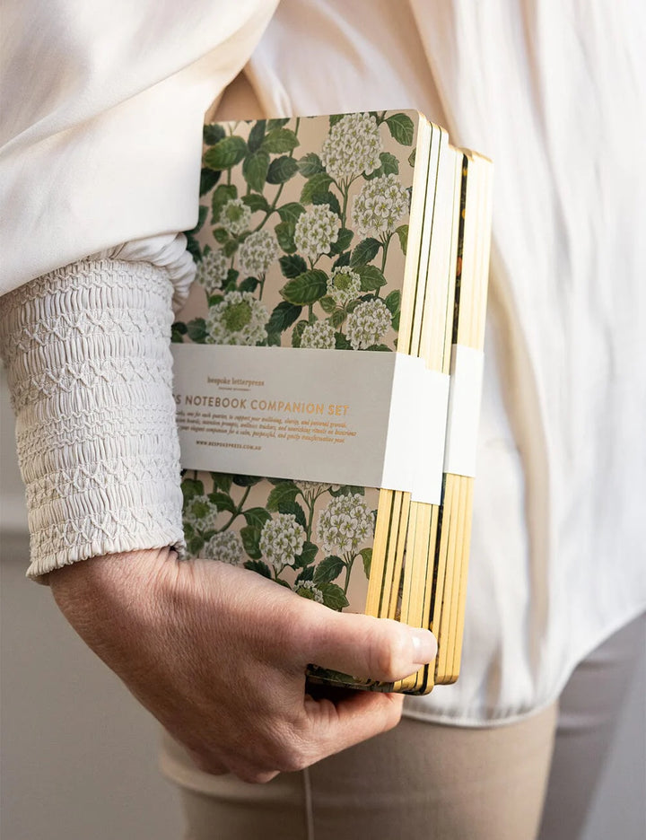 Hand holding a notebook with floral design and gold accents