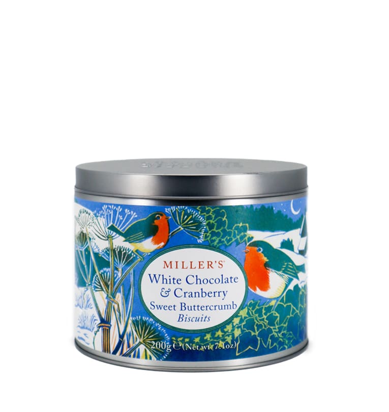 Tin of Miller's White Chocolate & Cranberry Sweet Buttercrumb Biscuits with decorative label on a white background