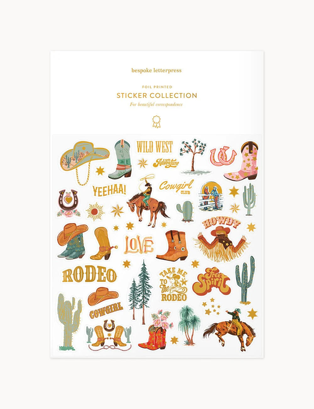 Sticker collection with cowboy-themed graphics on a white background