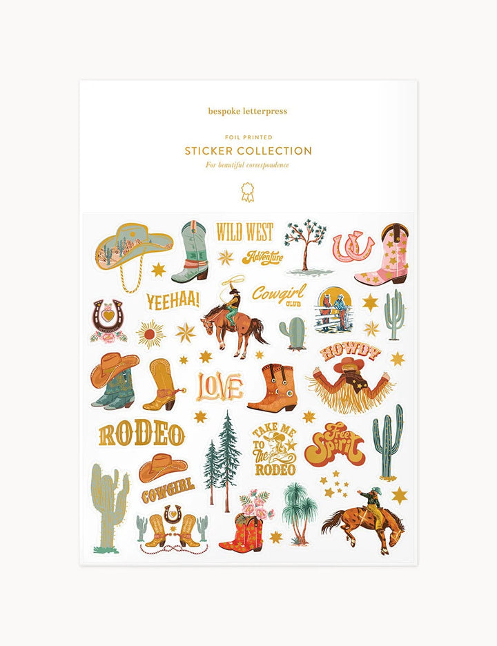 Sticker collection with cowboy-themed graphics on a white background