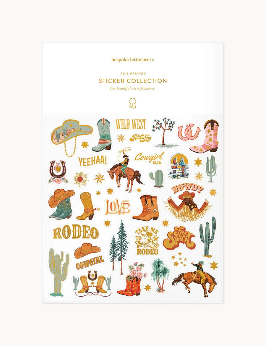 Sticker collection with cowboy-themed graphics on a white background