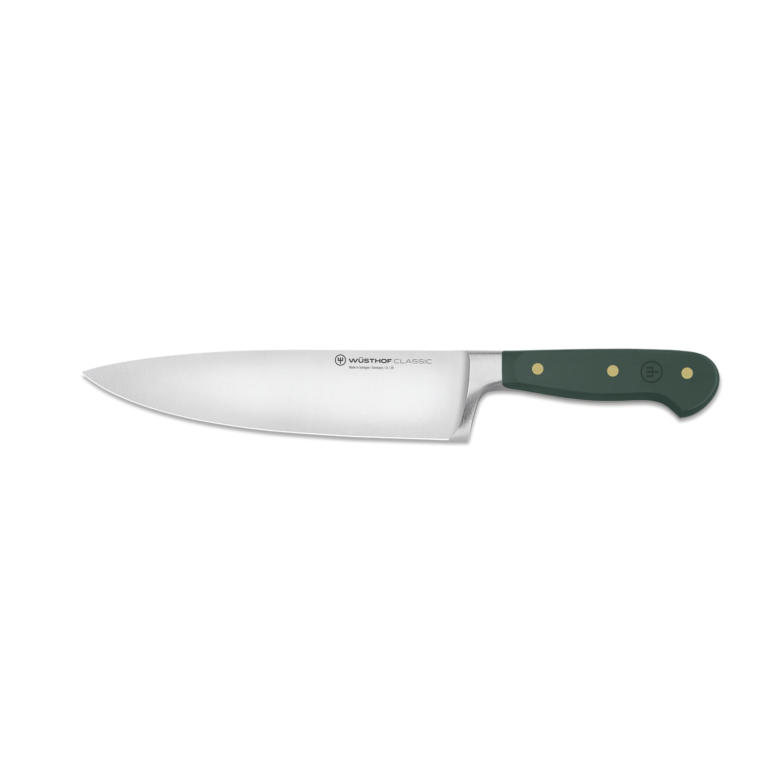 Chef's knife with a green handle on a white background