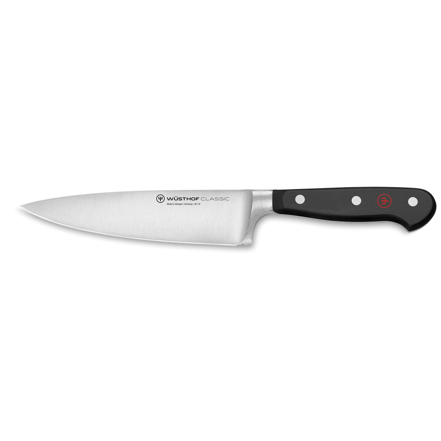 Wusthof classic chef knife with black handle on a white background