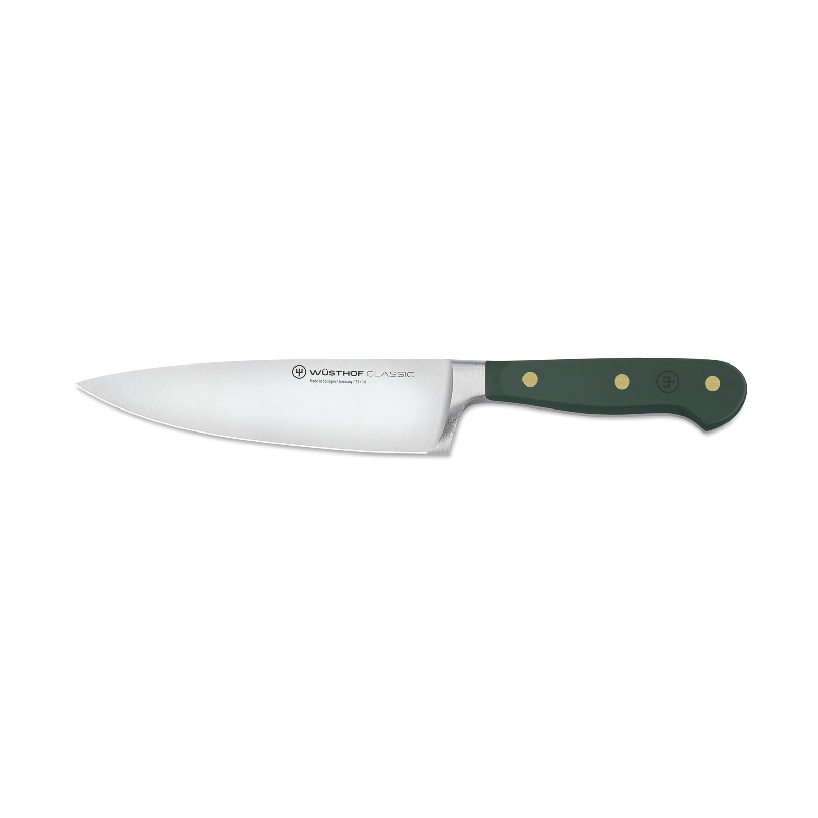Chef's knife with a green handle on a white background