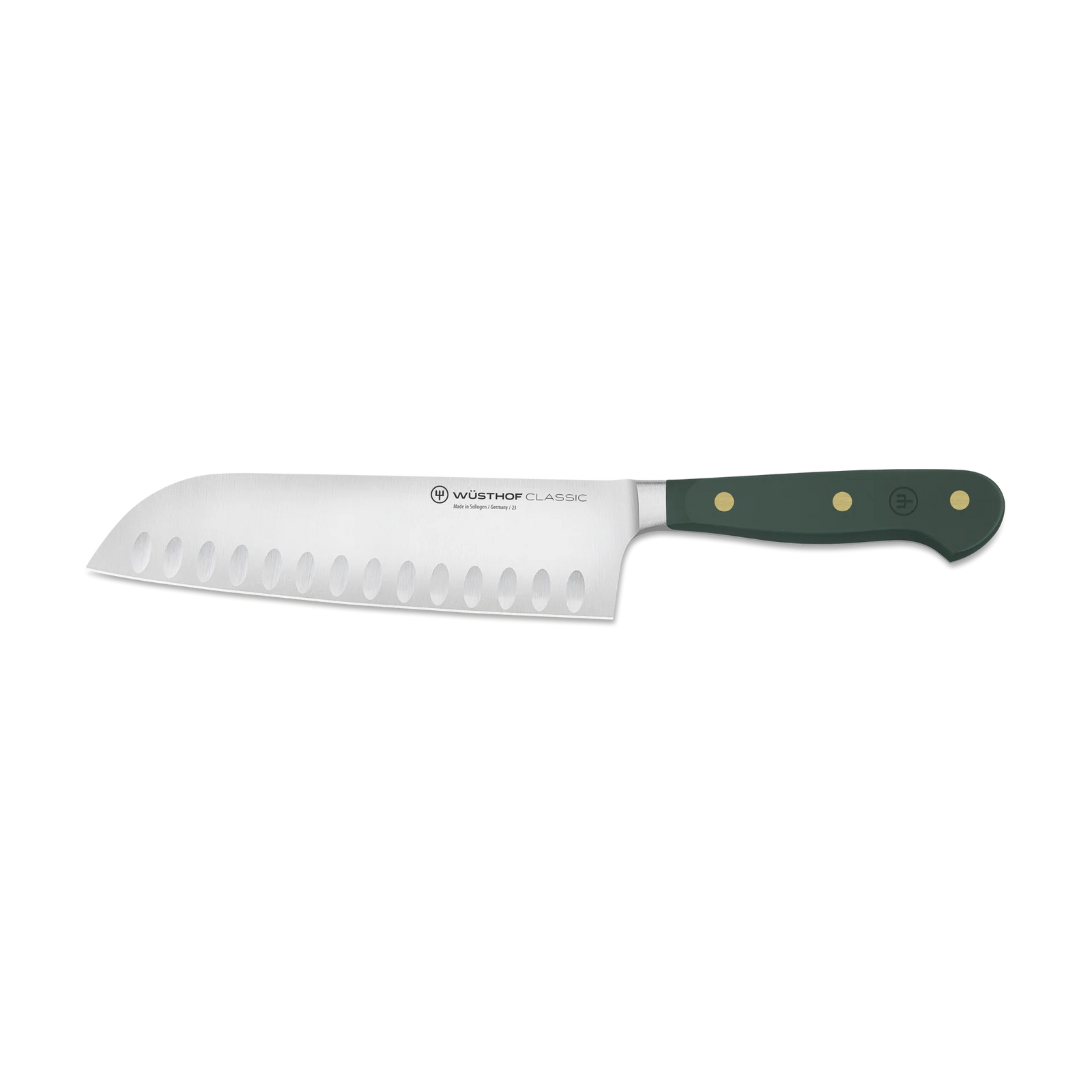 Wusthof Santoku knife with a green handle on a white background