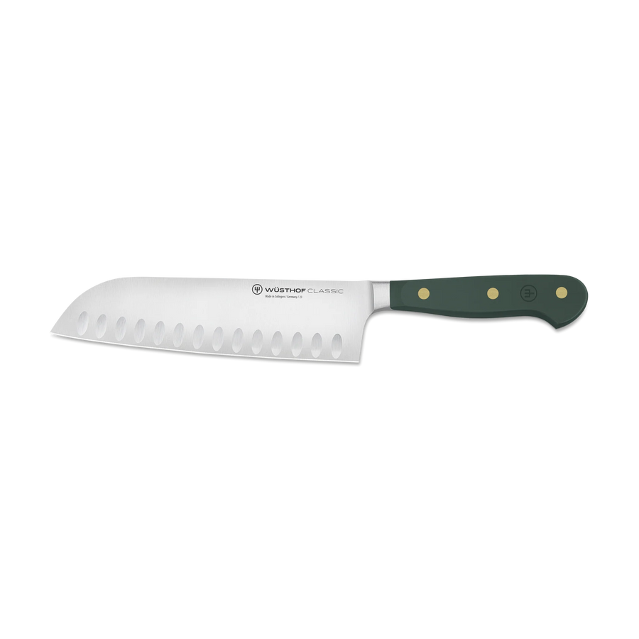 Wusthof Santoku knife with a green handle on a white background