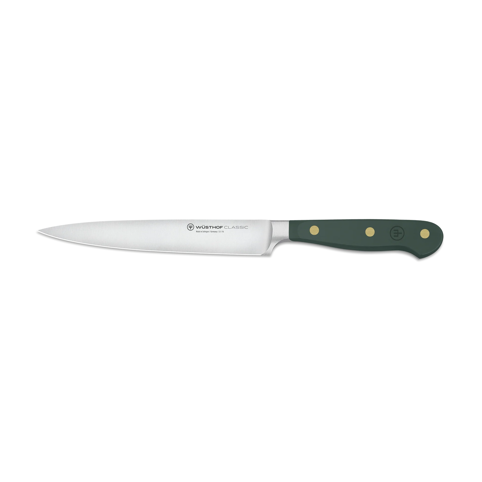 Wusthof green handled utility knife on a white background