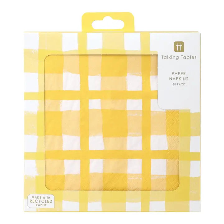 Pack of yellow and white checkered paper napkins with 'Talking Tables' branding.
