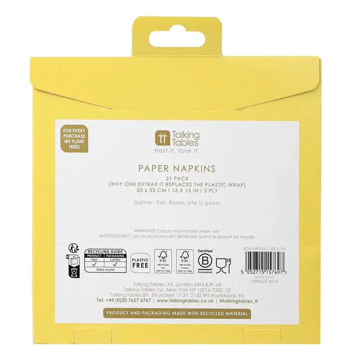Yellow package of paper napkins with Talking Tables branding on a white background