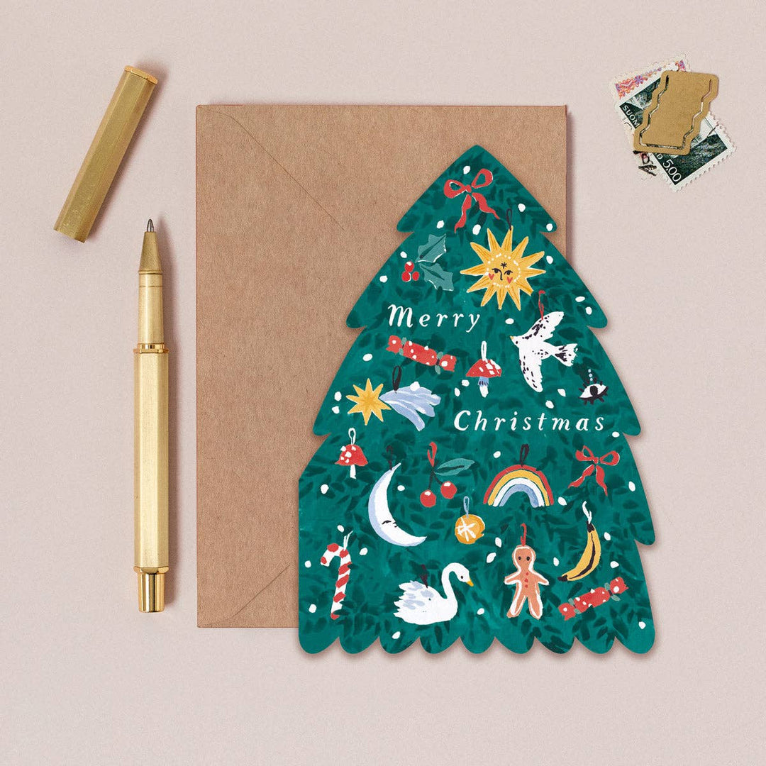Christmas-themed card with illustrations on a beige background