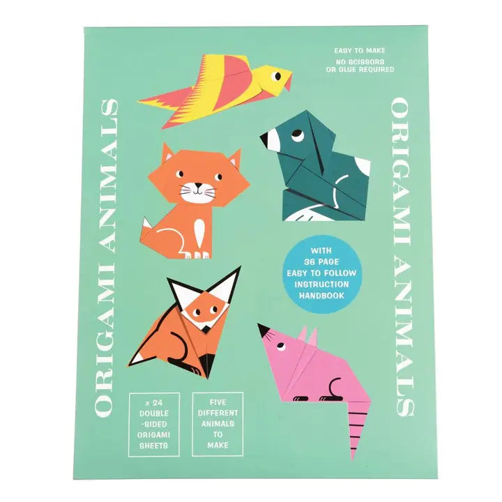 Origami animals book with colorful illustrations on a green background