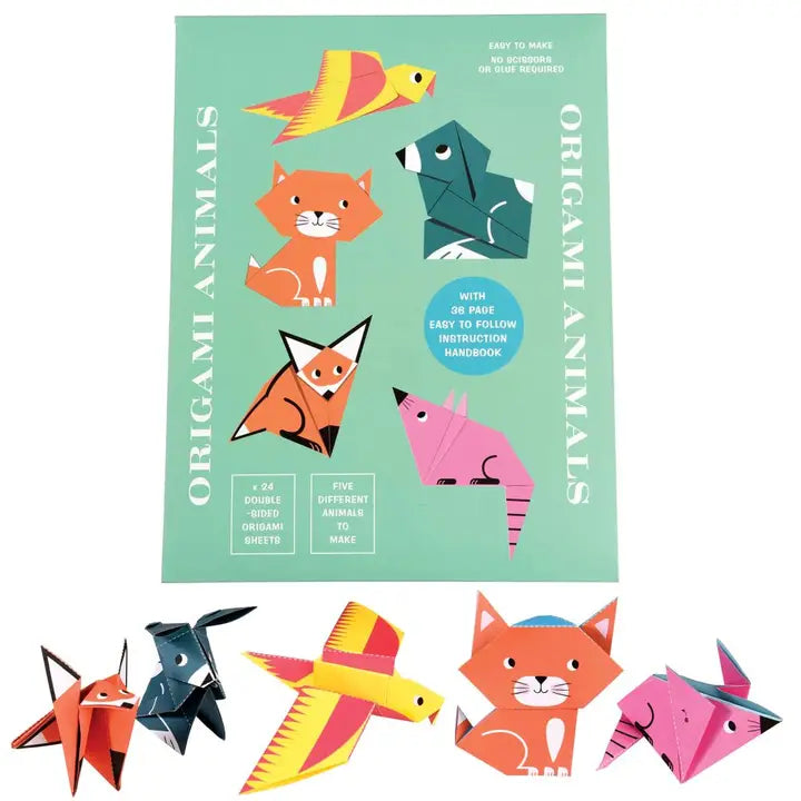 Origami animals set with a green instruction book on a white background