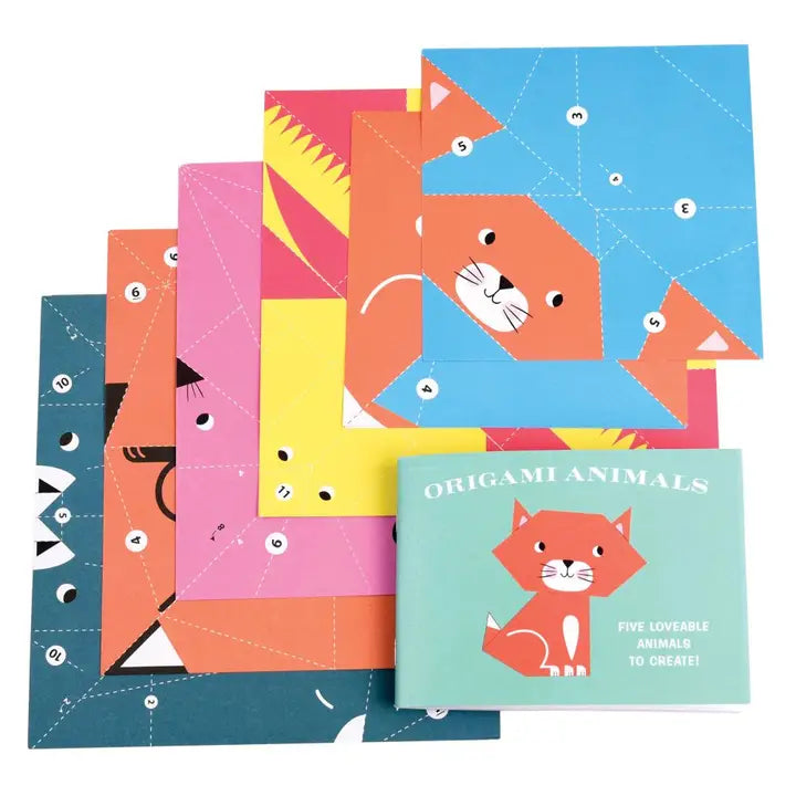 Set of colorful origami animal kits with a book titled &