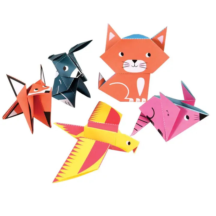 Colorful origami animals on a white background