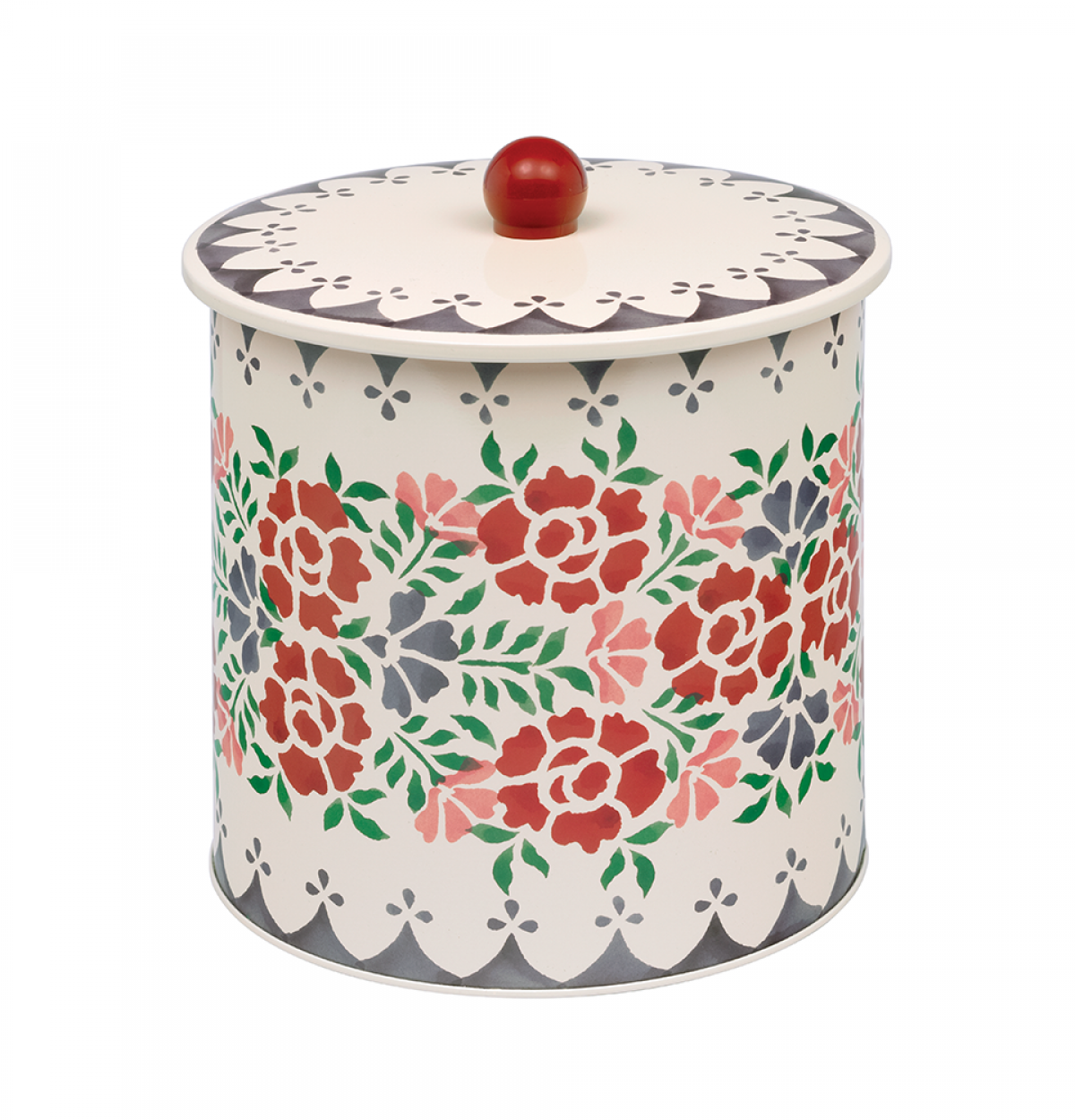 A cylindrical lidded storage jar with a cream-colored body and lid, decorated with a colorful floral pattern featuring red, pink, green, and gray flowers and leaves. The lid has a scalloped edge and a small red spherical knob on top, set against a plain white background.