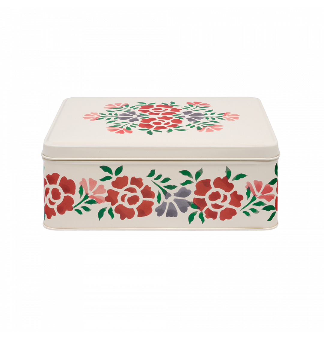 Rectangular tin box with floral design on a white background