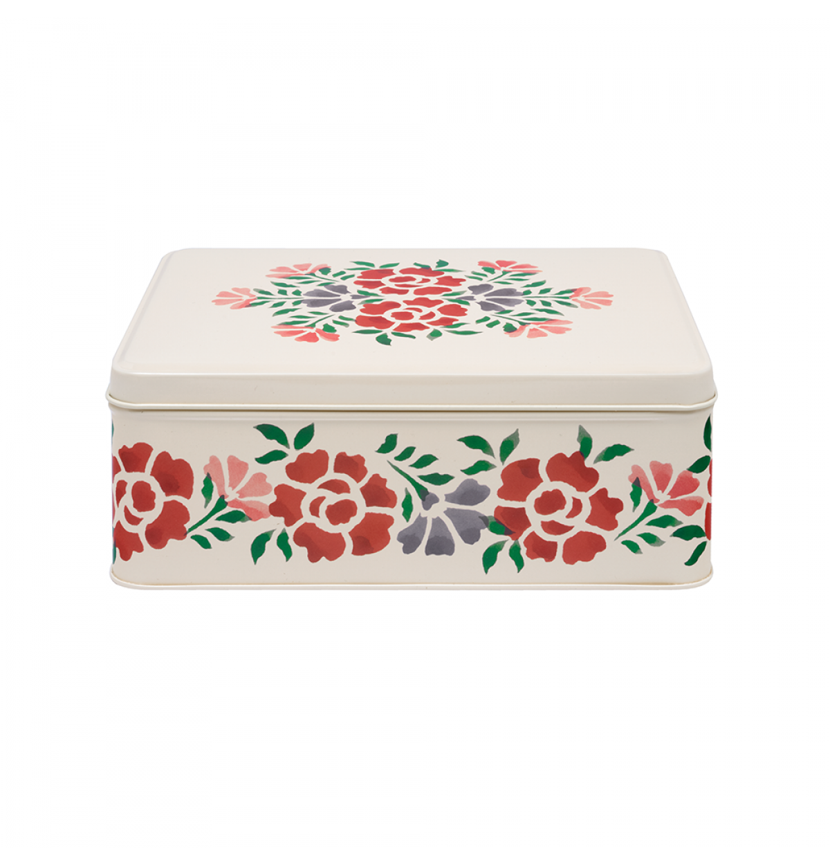 Rectangular tin box with floral design on a white background