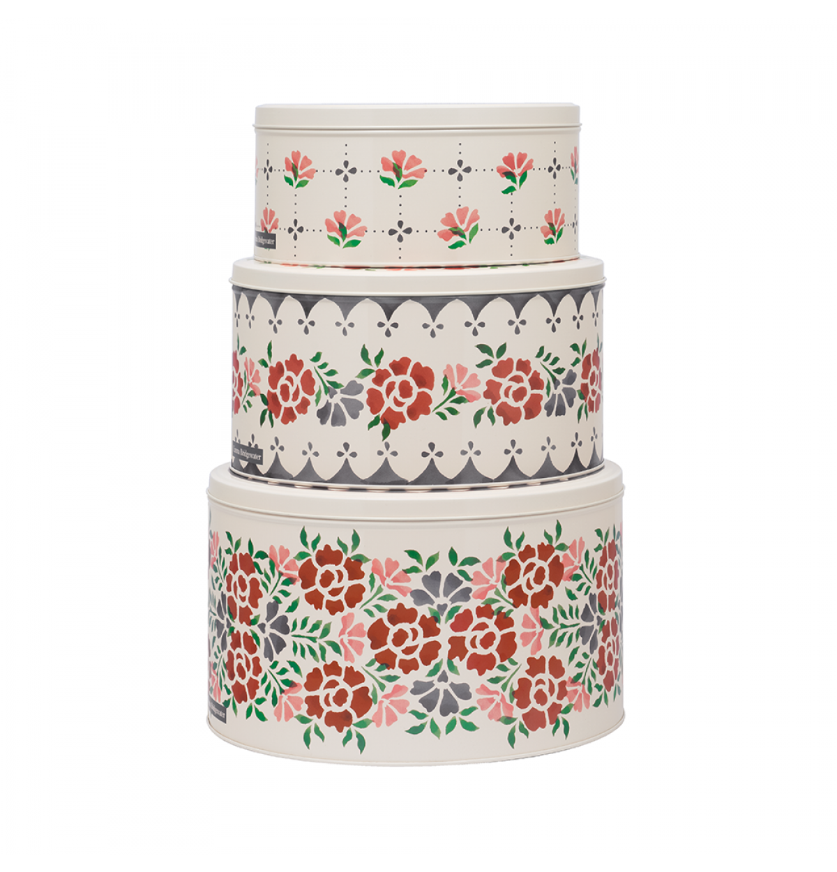 Three nested round storage tins with a vintage floral and geometric pattern on a white background.