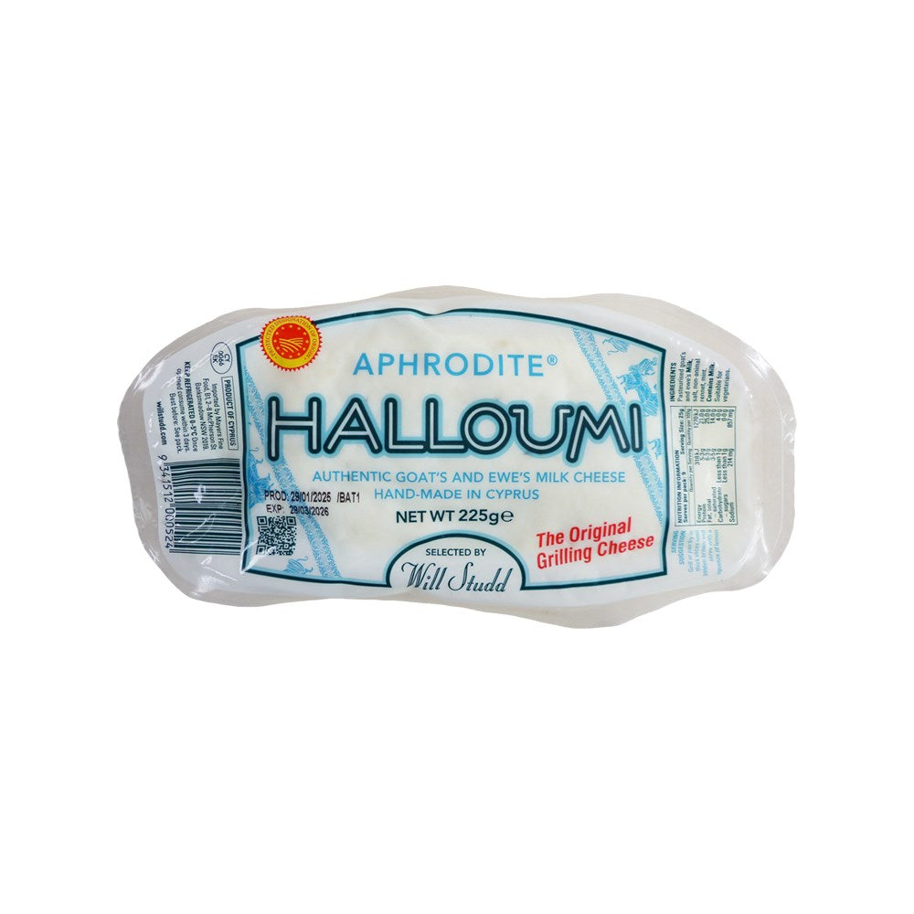 a piece of halloumi in packaging on a white background