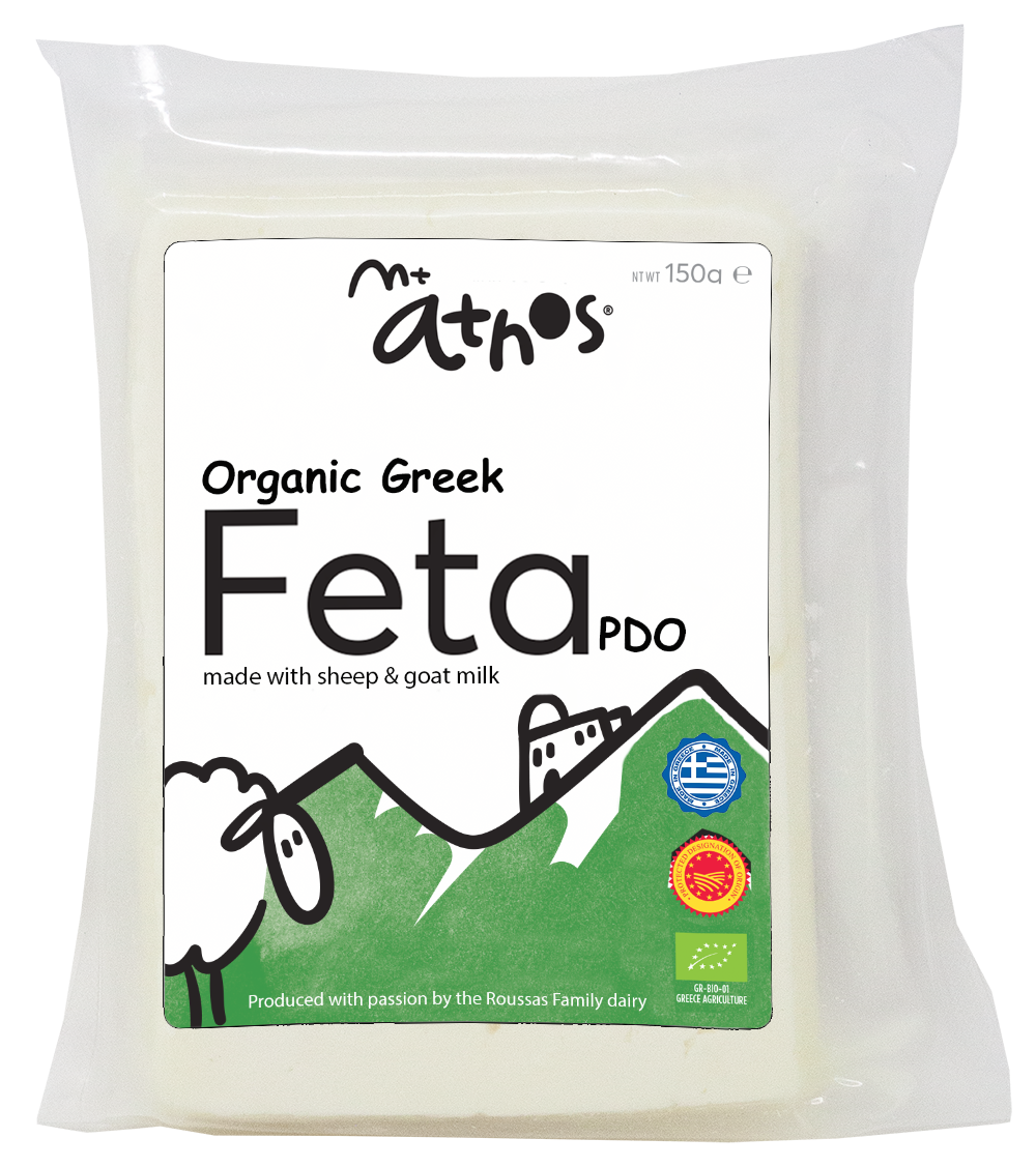 Packaging of Mt Athos feta on a white background
