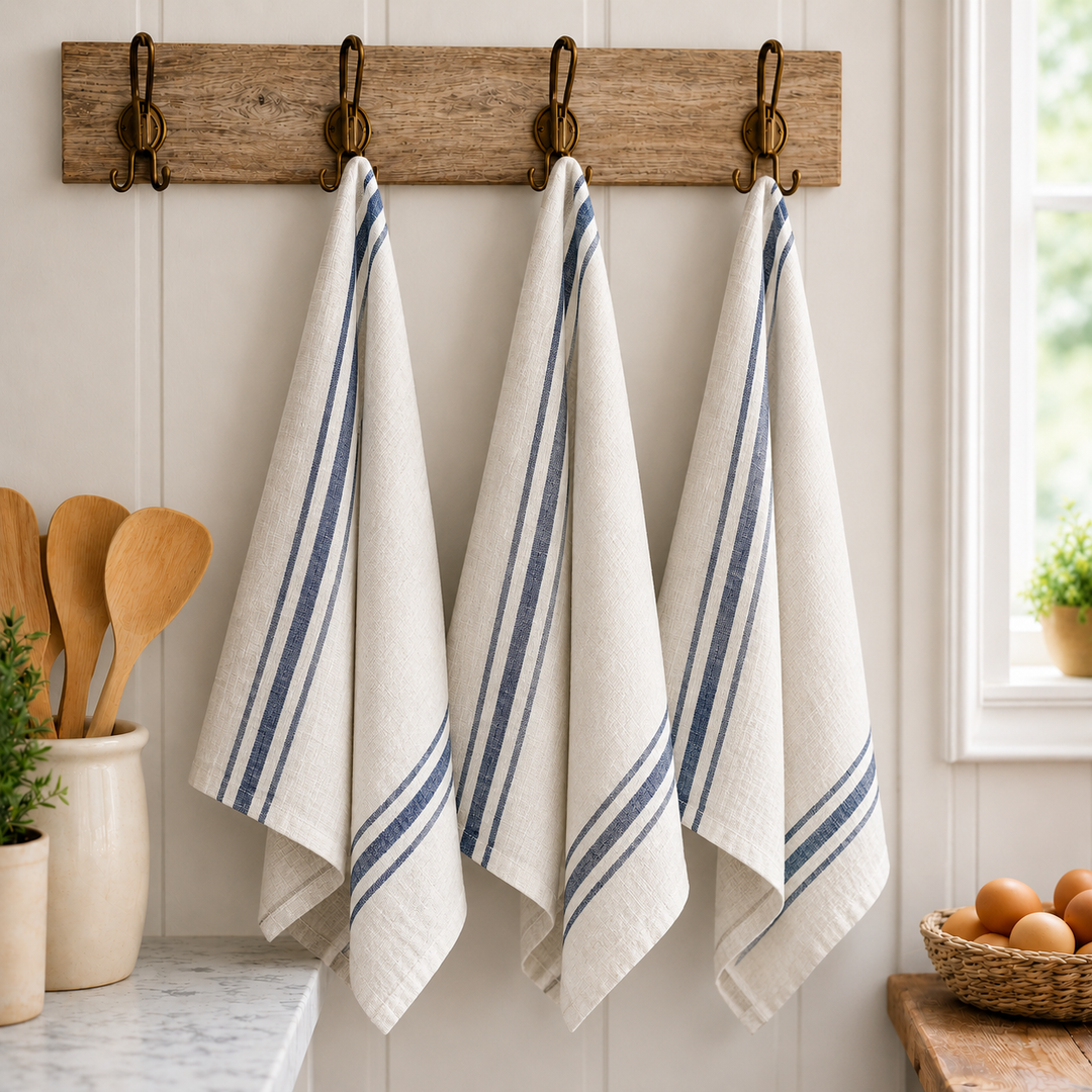 Three white kitchen towels with blue stripes hang from a rustic wooden rack with dark metal hooks on a white paneled wall. A countertop with wooden utensils, a basket of eggs, and a window are visible in the background.