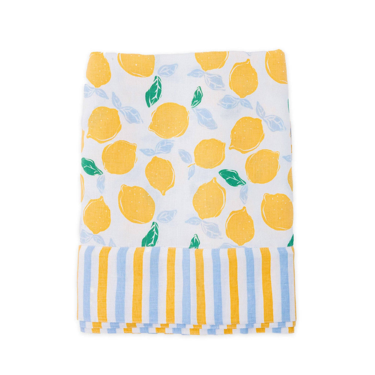 White linen tablecloth with lemon and blue pattern, folded and laid flat on a white background