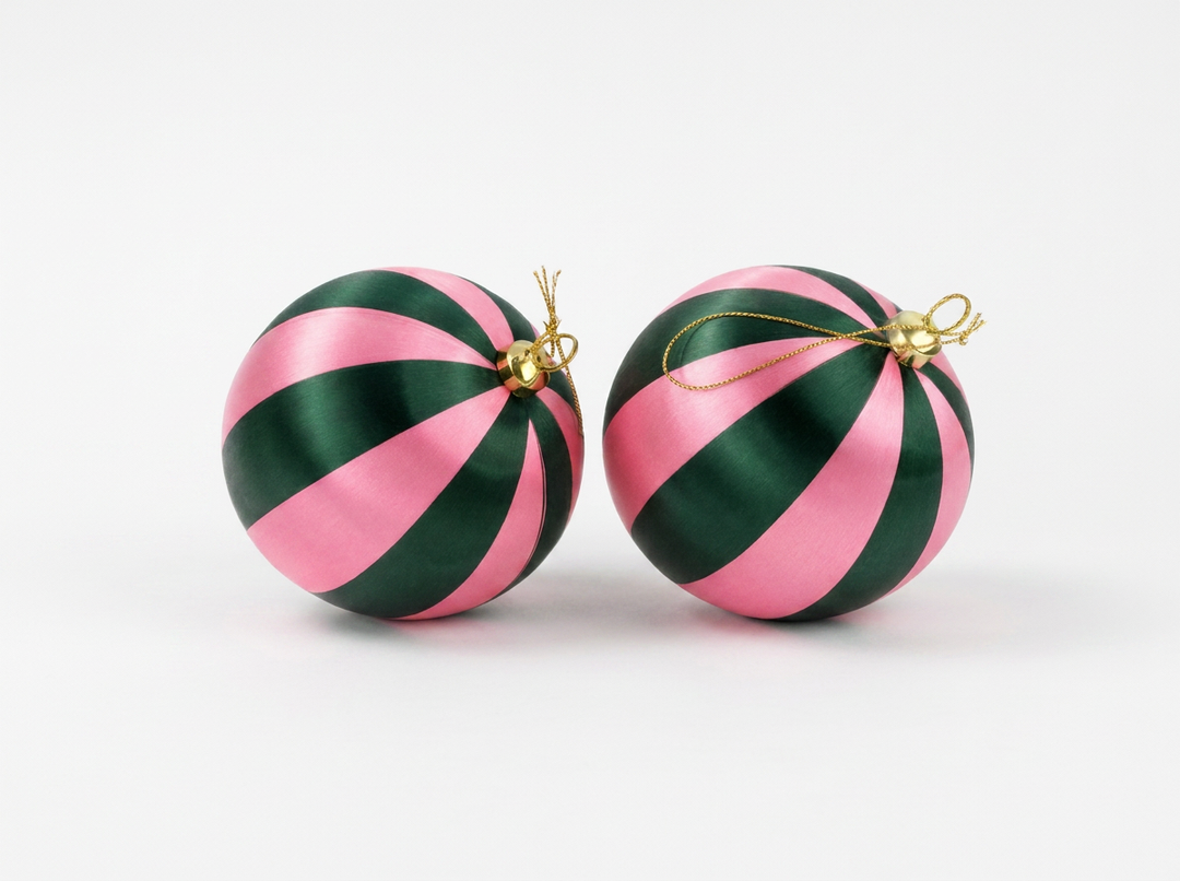 Two striped Christmas ornaments with alternating pink and dark green bands, each topped with a small gold hanging loop, shown on a clean white background.