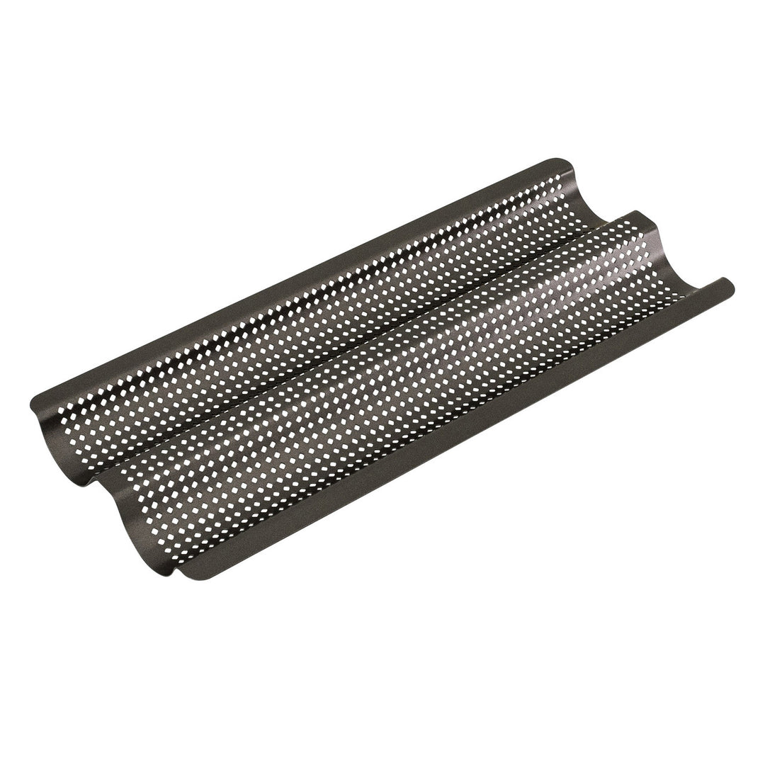 Black perforated baguette tray on a white background