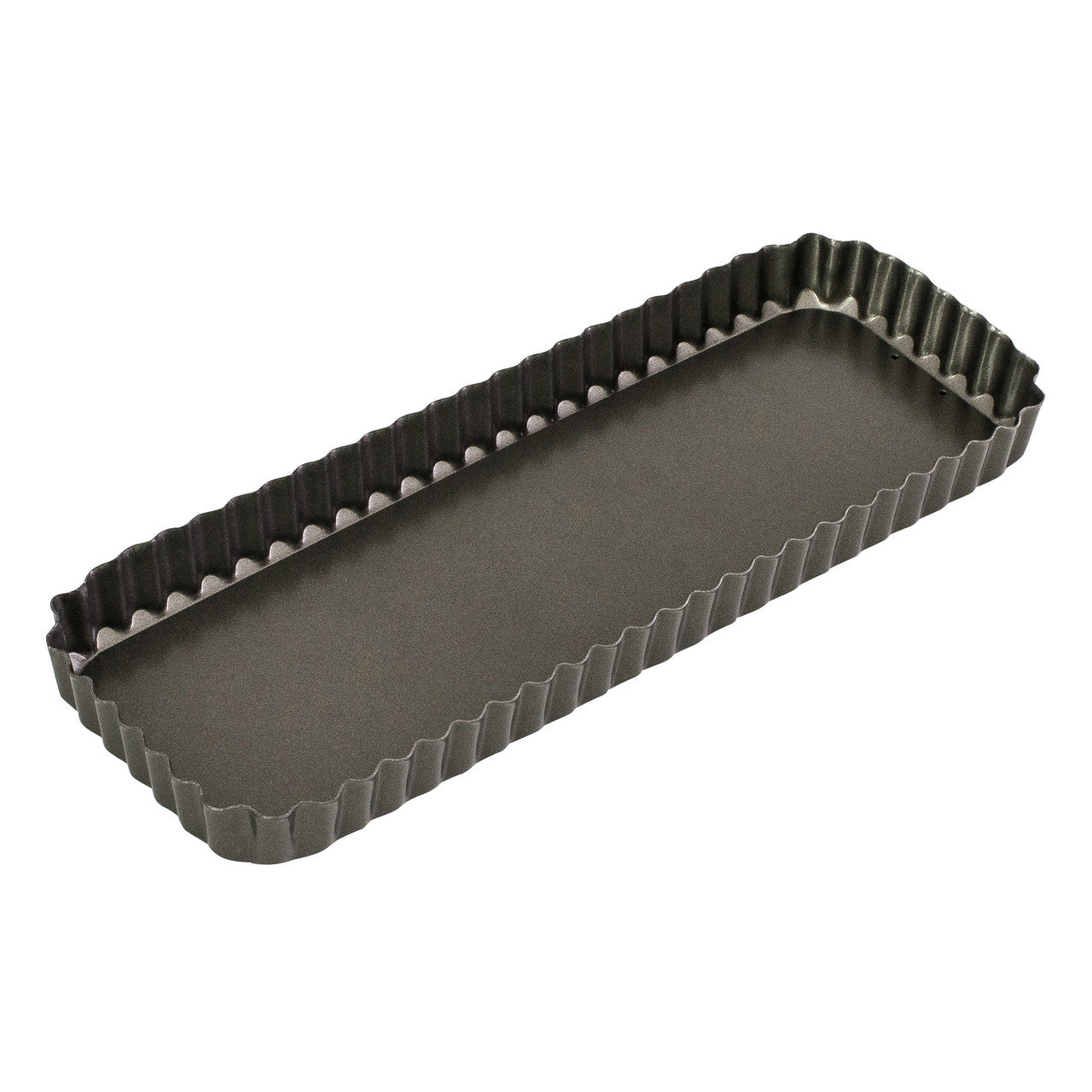 Rectangular tart tin with fluted edges on a white background