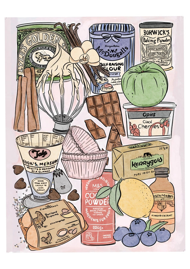 A picture of a puzzle image full of baking ingredients &amp; utensils. 