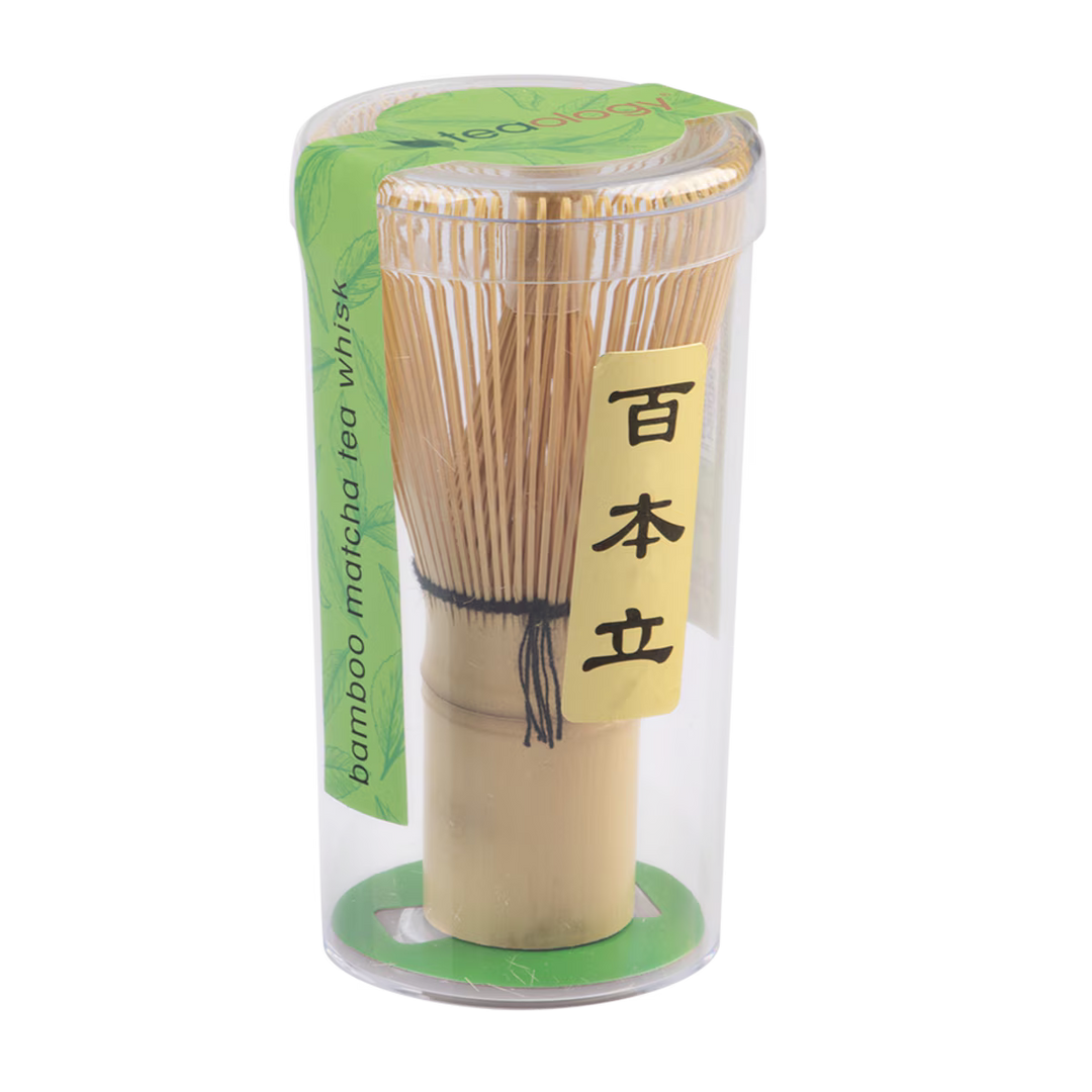 Bamboo matcha tea whisk in clear packaging with green label
