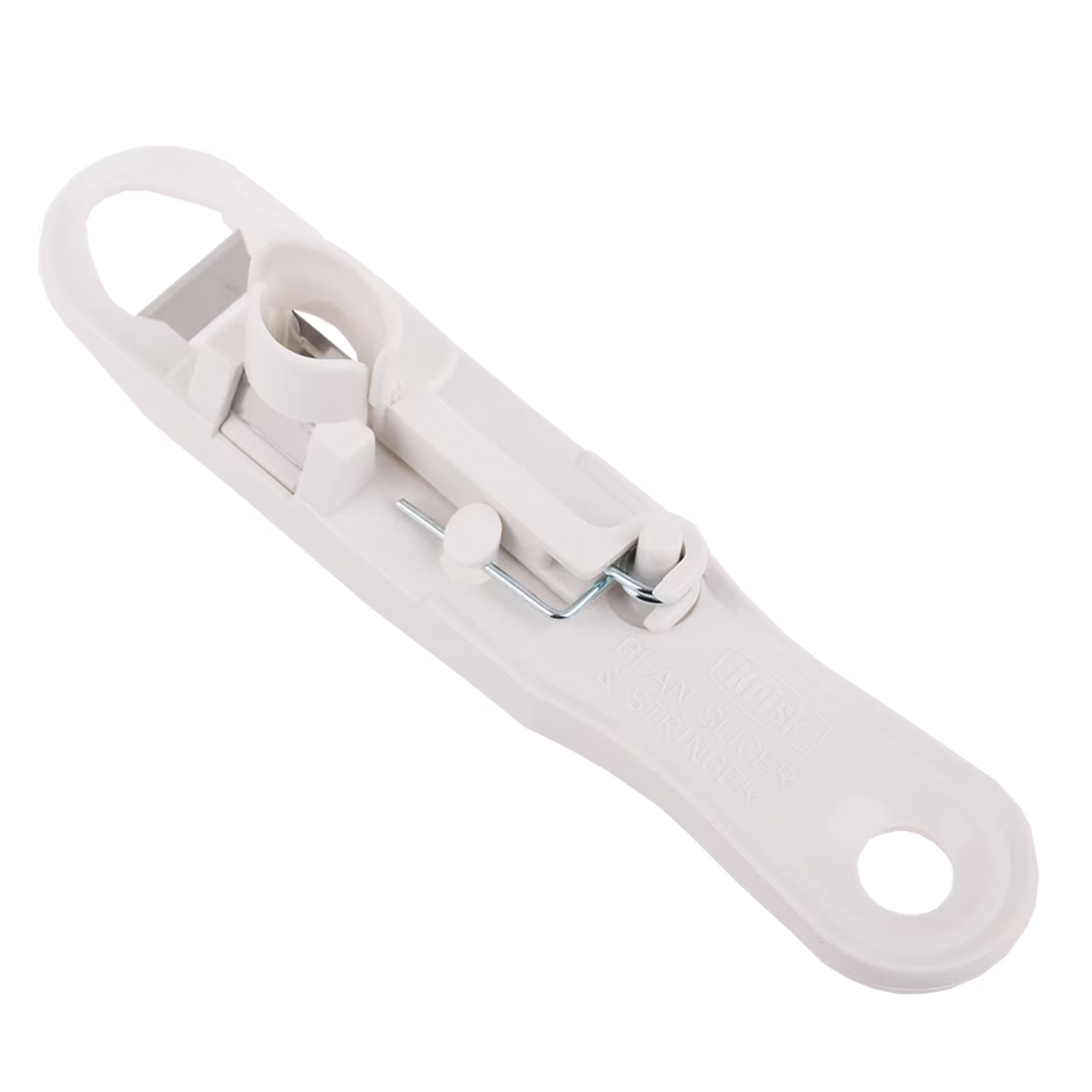 White plastic bean slicer on a white background