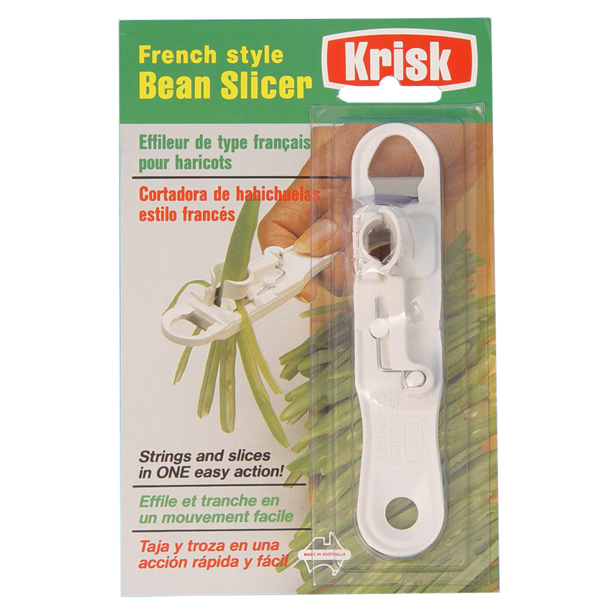 Krisk French style bean slicer packaging with product image and text.