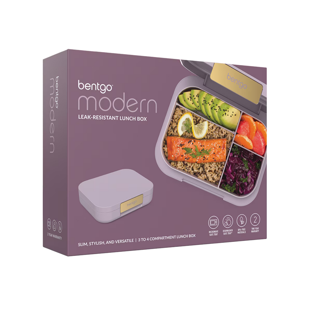 Bentgo Modern lunch box packaging with a purple background