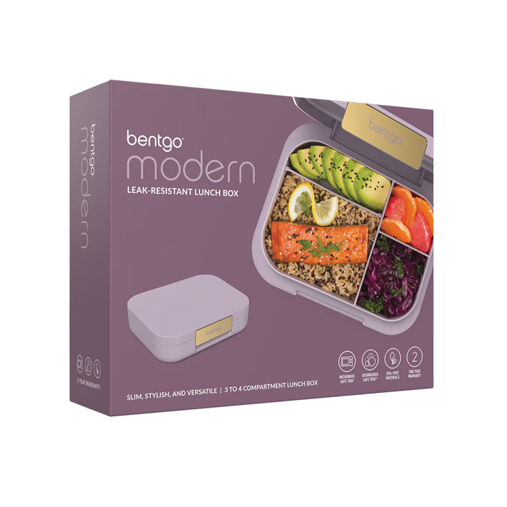 Bentgo Modern lunch box packaging with a purple background