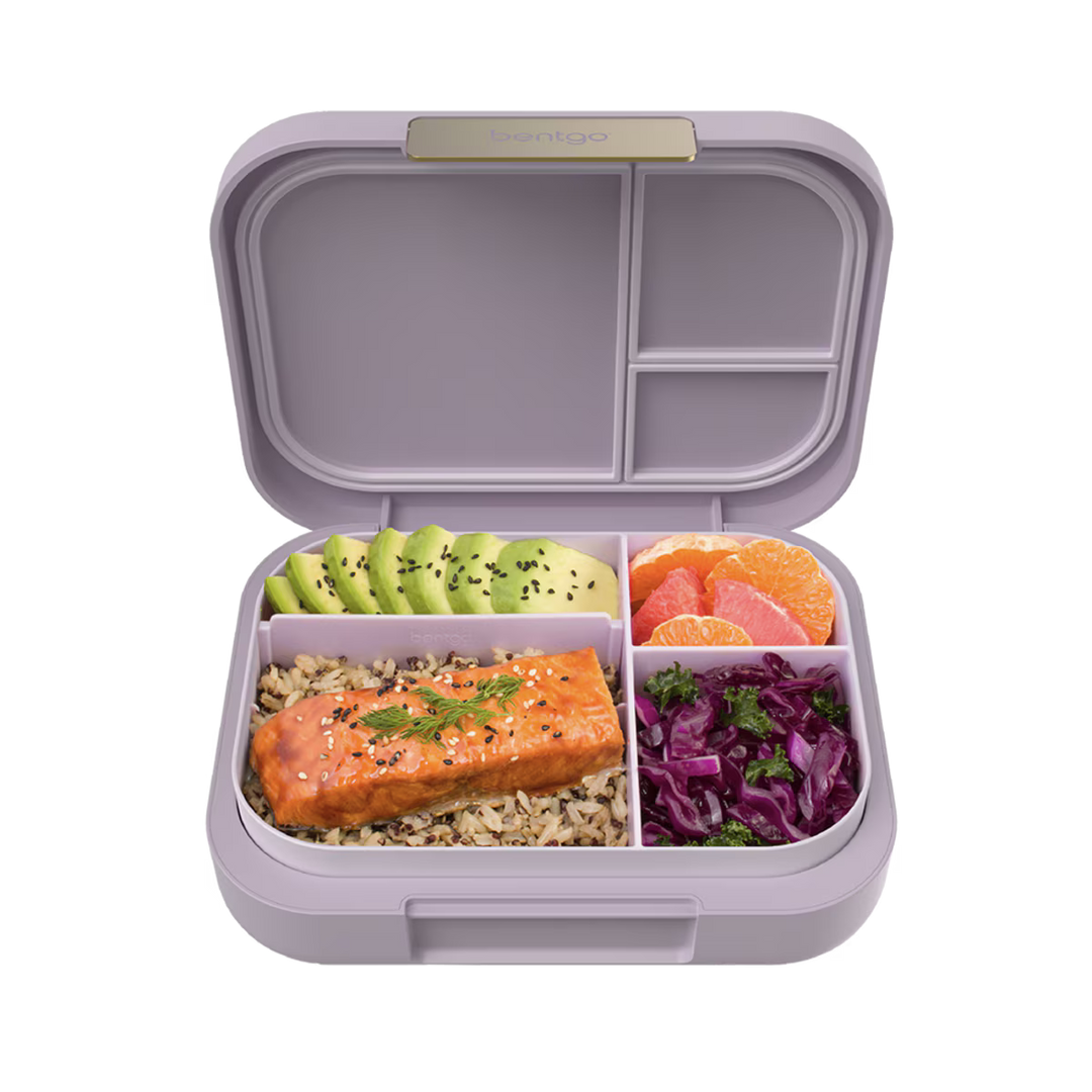 Orchid bento box with compartments containing salmon, avocado, and other ingredients on a white background