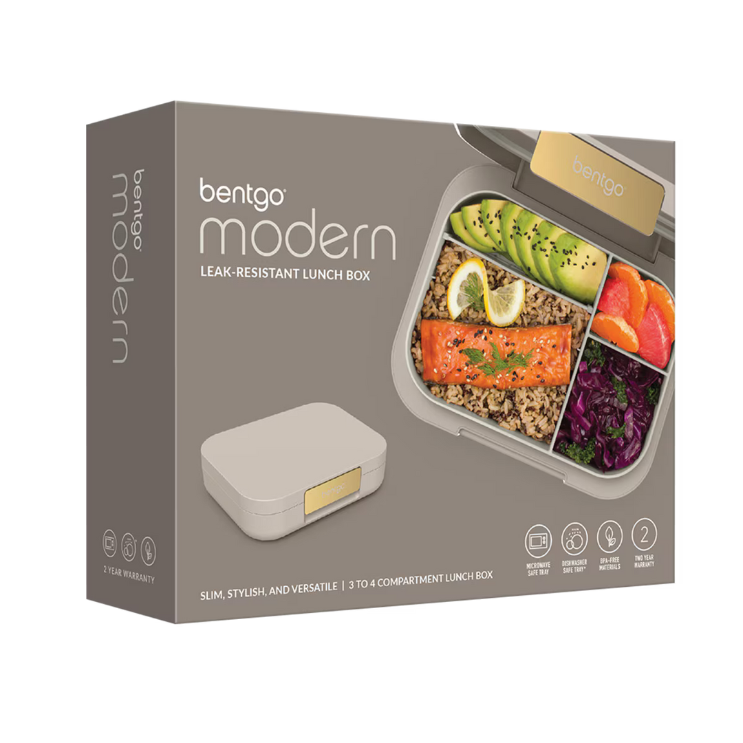 Bentgo Modern leak-resistant lunch box packaging with a compartmentalized lunch box image on a white background.