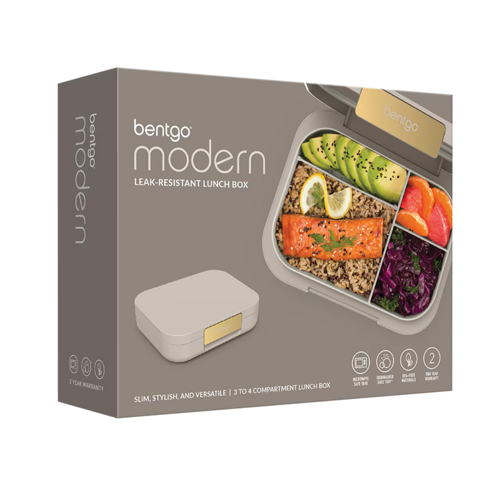 Bentgo Modern leak-resistant lunch box packaging with a compartmentalized lunch box image on a white background.