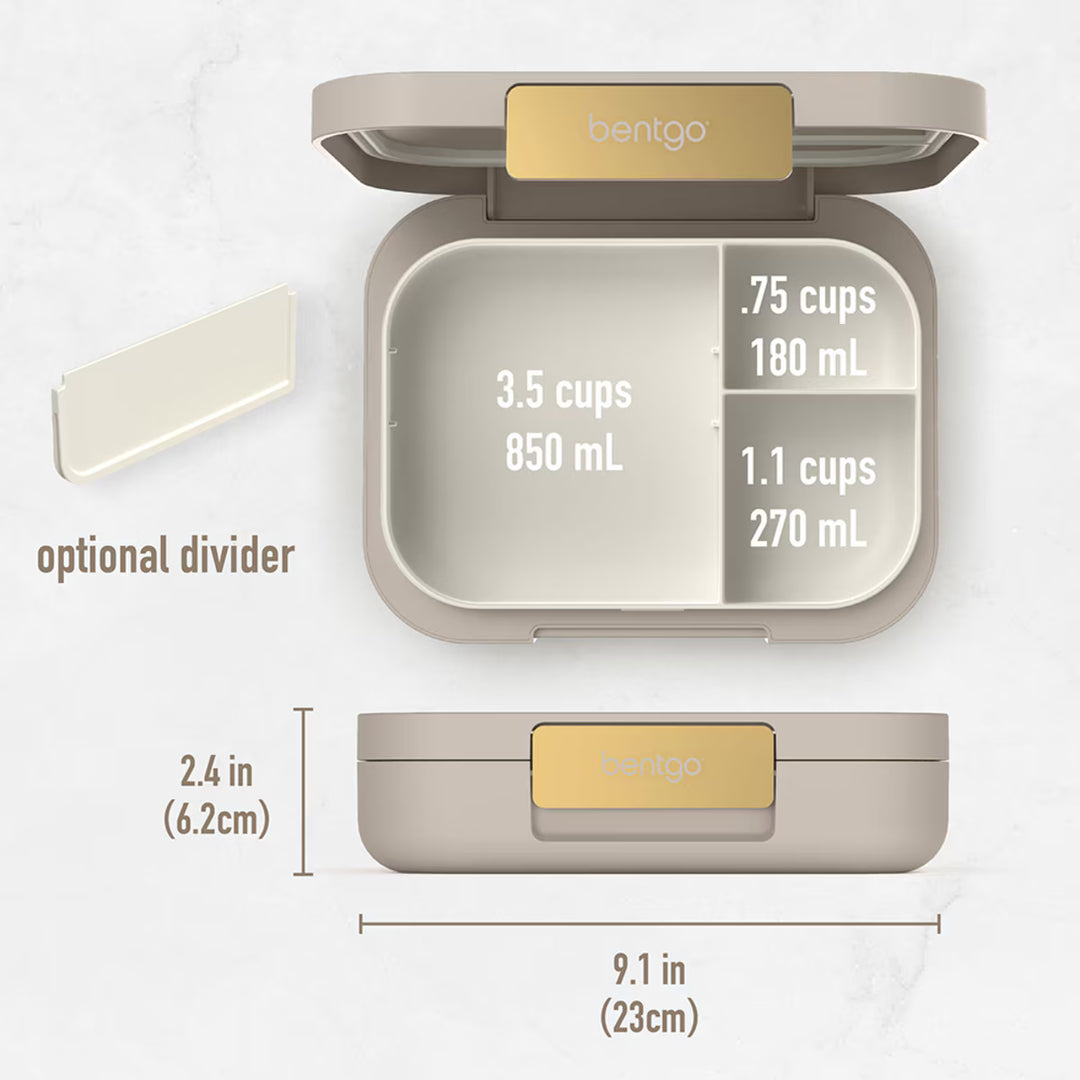 Bentgo lunch box with measurements and dimensions on a white background