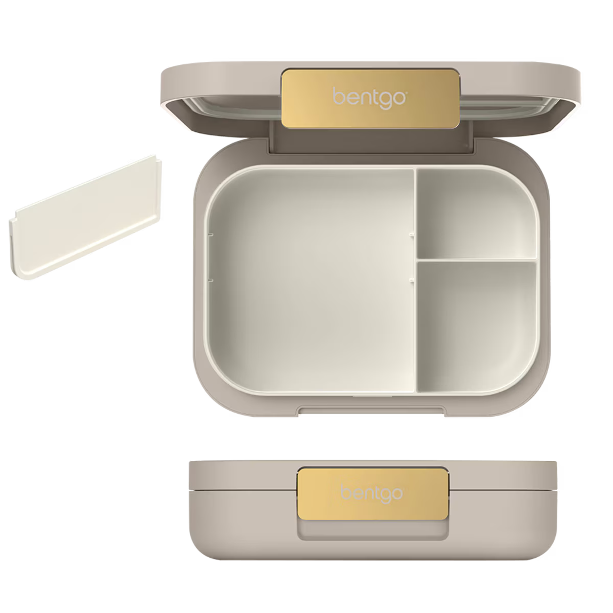Beige bento box with gold 'bentgo' label on a white background