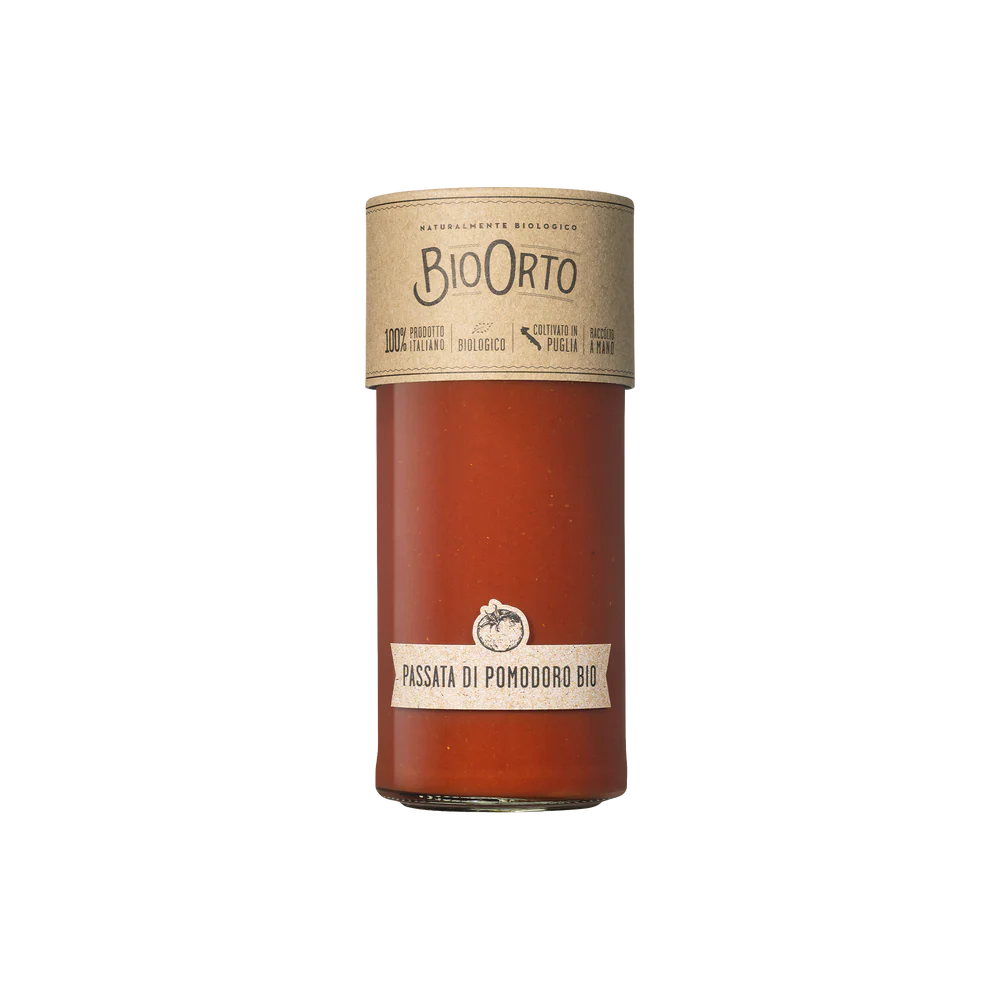Jar of BioOrto organic tomato sauce on a white background